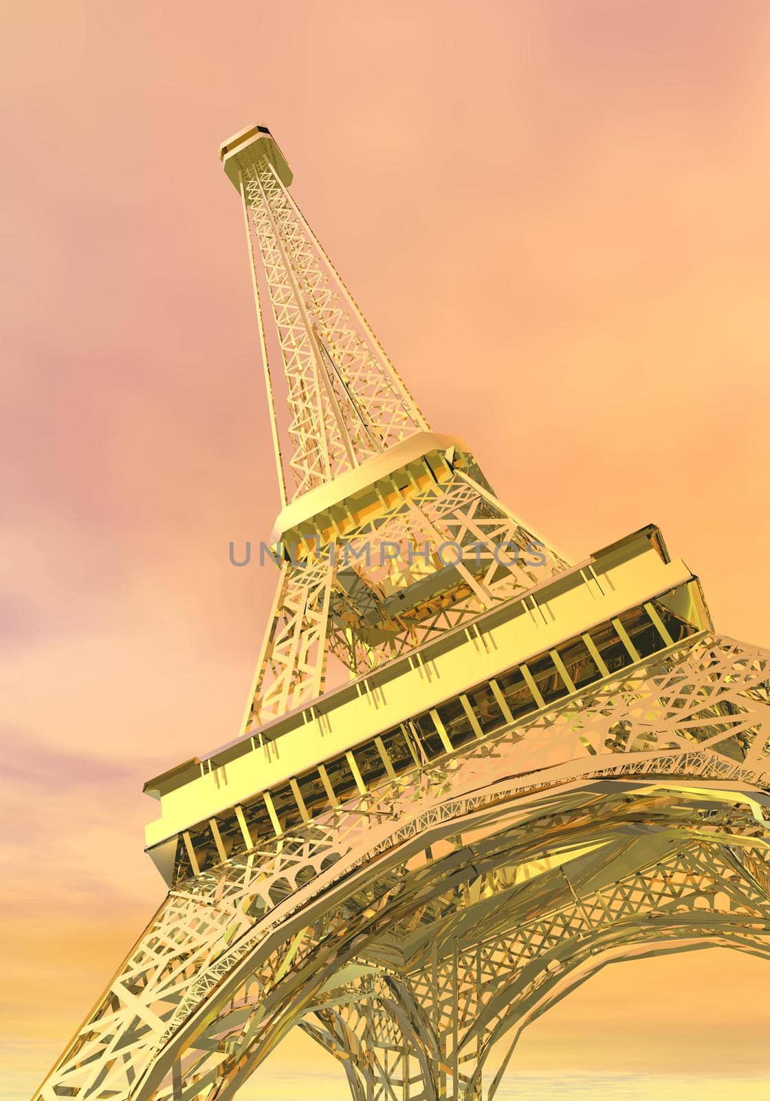 French golden Eiffel tower viewed from down in pink cloudy sky, Paris, France