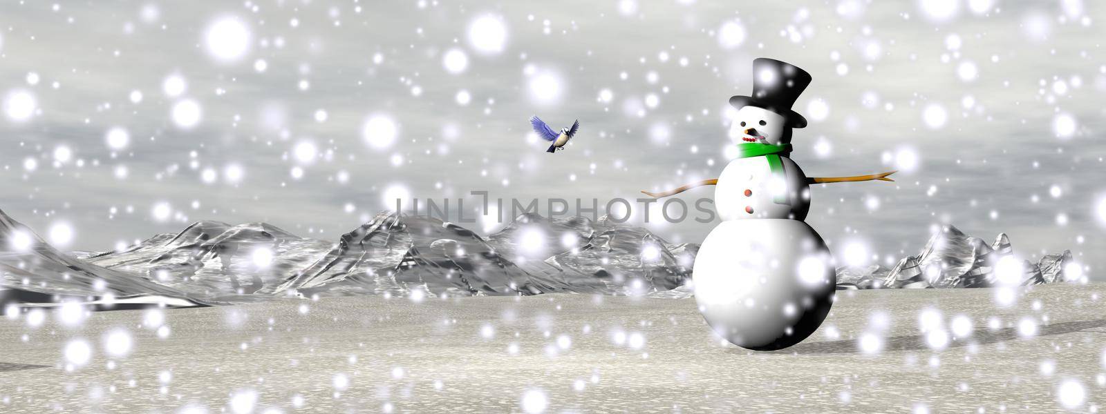 One snowman standing in a winter landscape with falling snow covering mountains and fir trees by sunset light