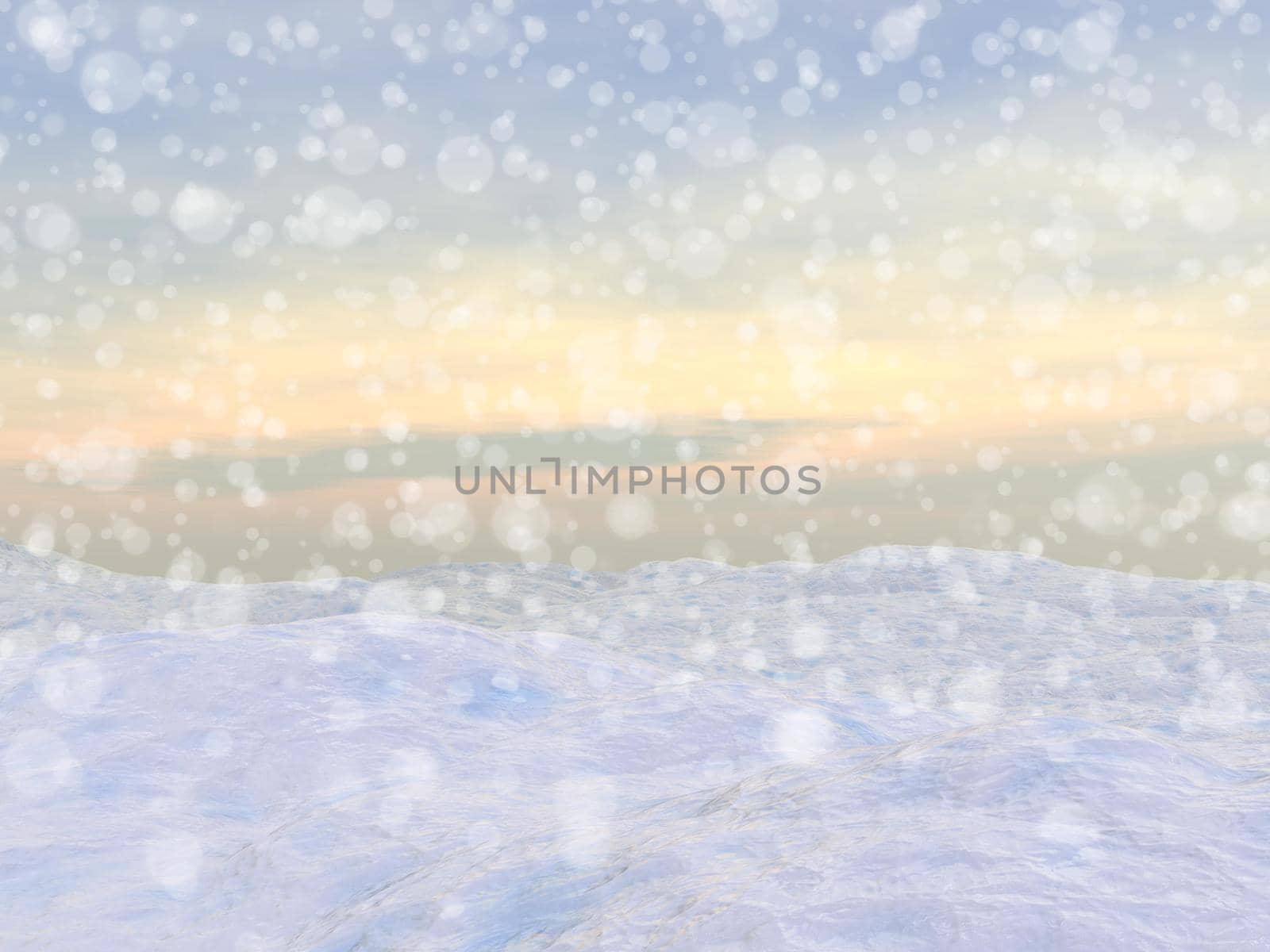 Winter landscape with falling snow covering mountain hills