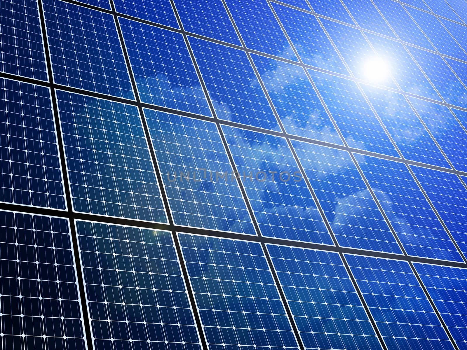 Array of solar panels with blue sky reflection
