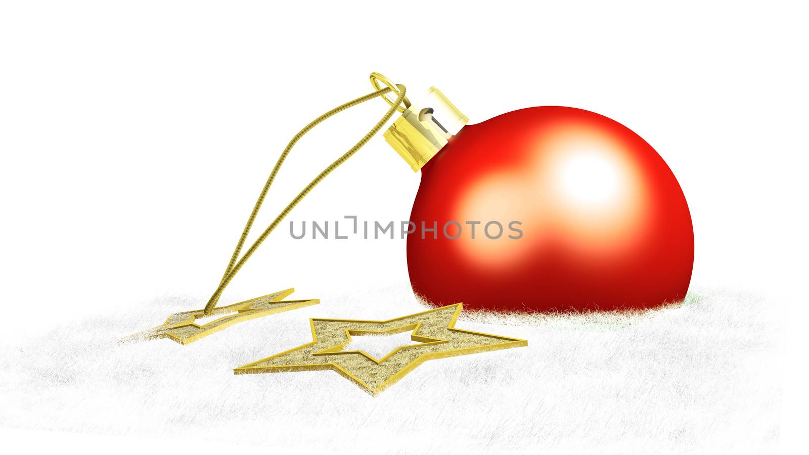 One red christmas ball and two yellow stars put on cotton