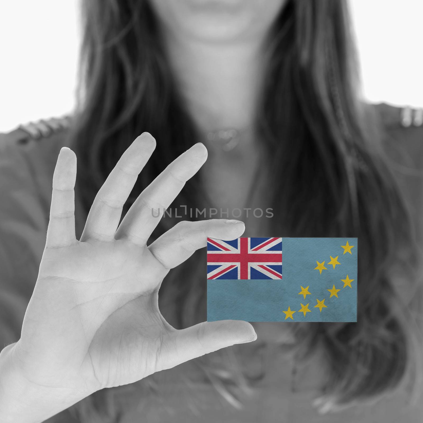 Woman showing a business card, flag of Tuvalu