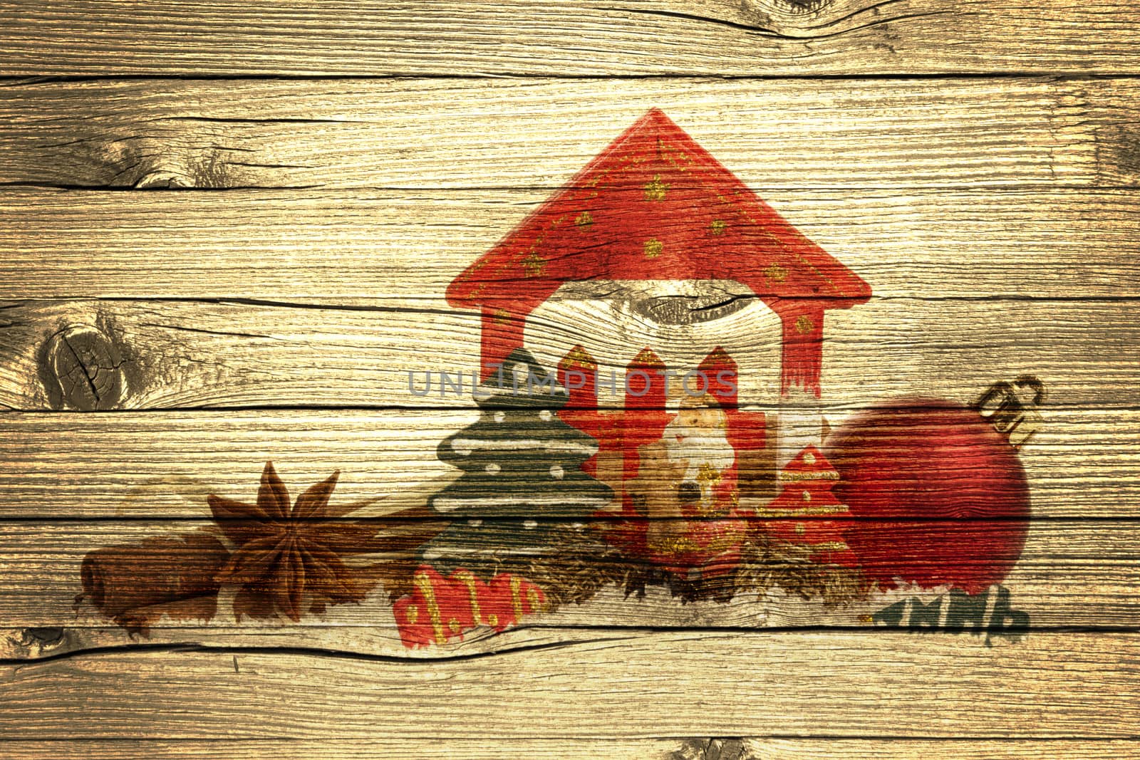 Christmas decoration with presents on wood board 