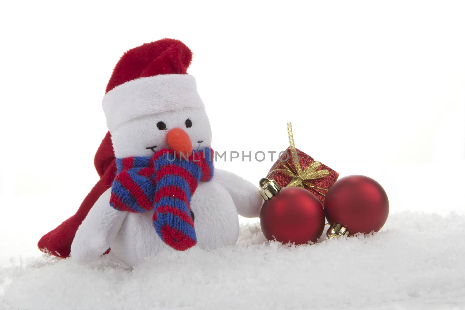 snow man (toy) with christmas decoration and artificial snow 