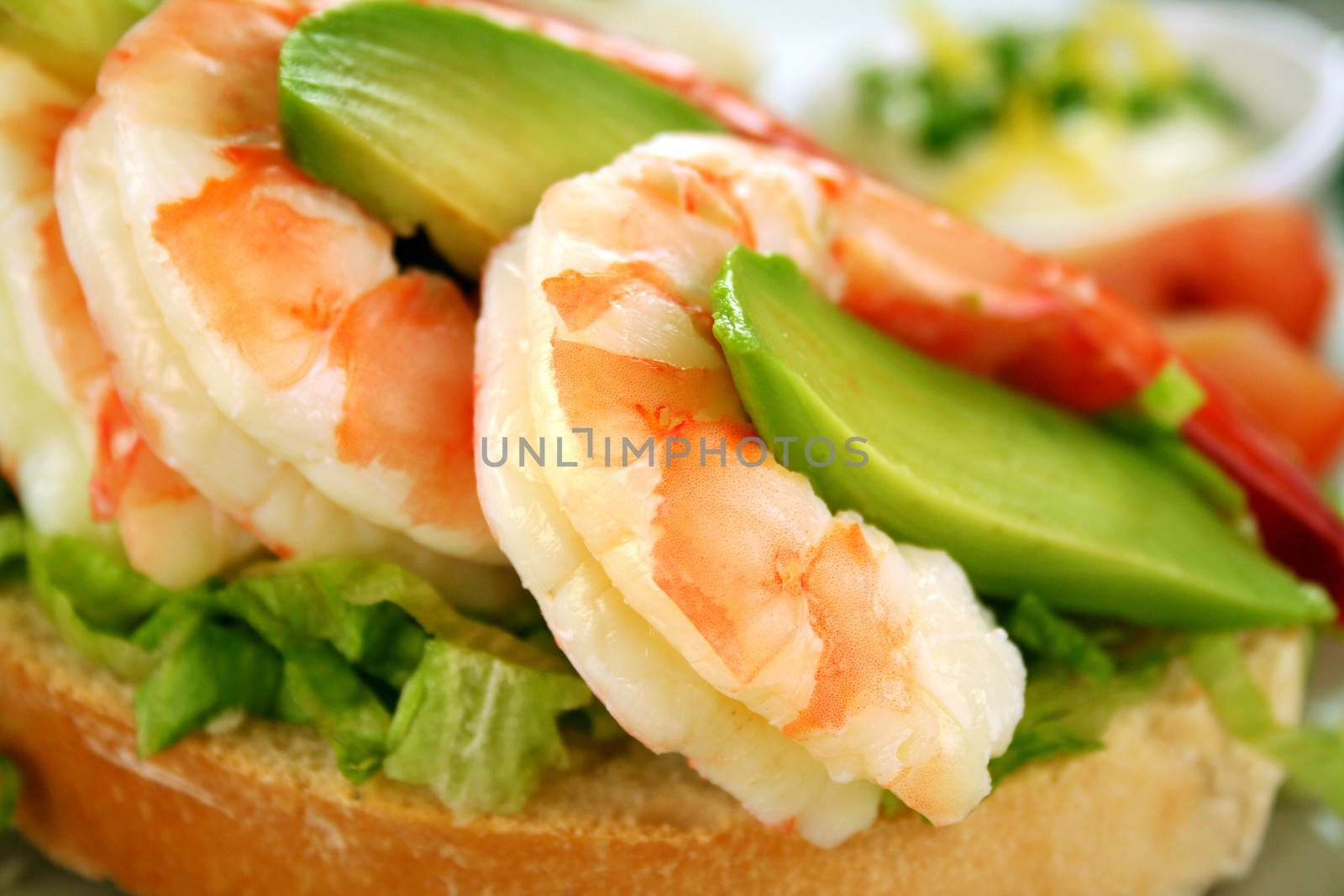 Delightful fresh shrimp and avocado open sandwich ready to serve.