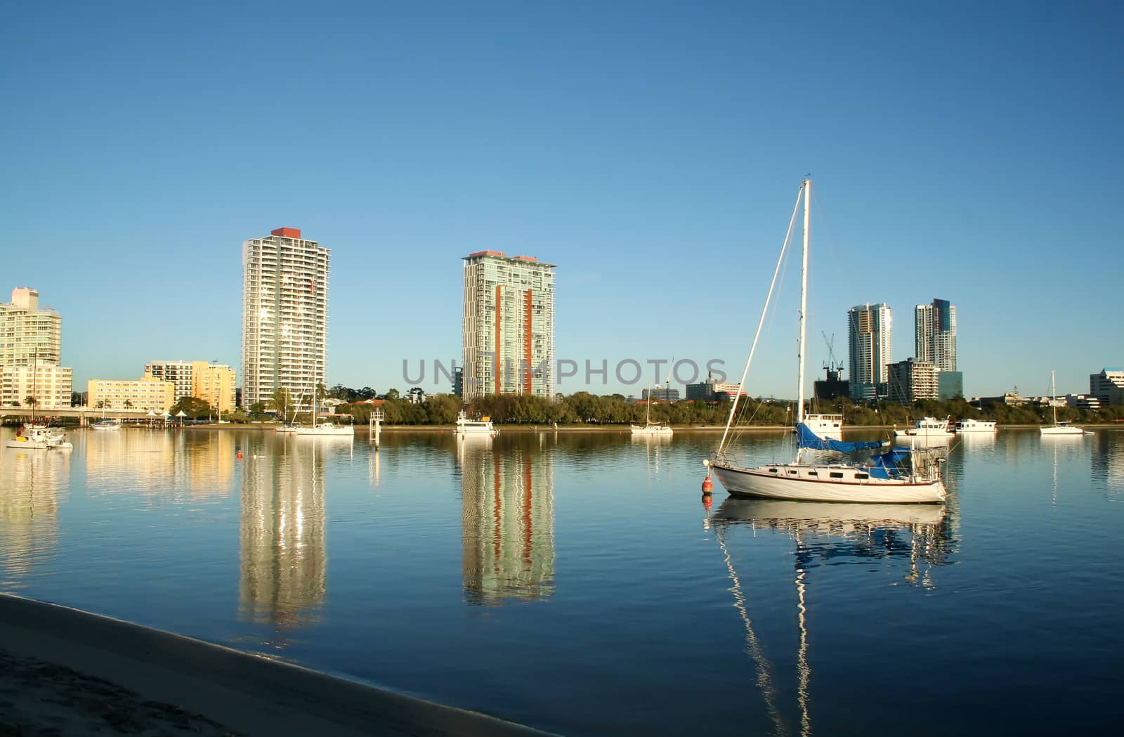 Southport on the Gold Coast Australia seen across the Nerang River from Main Beach at dawn.
