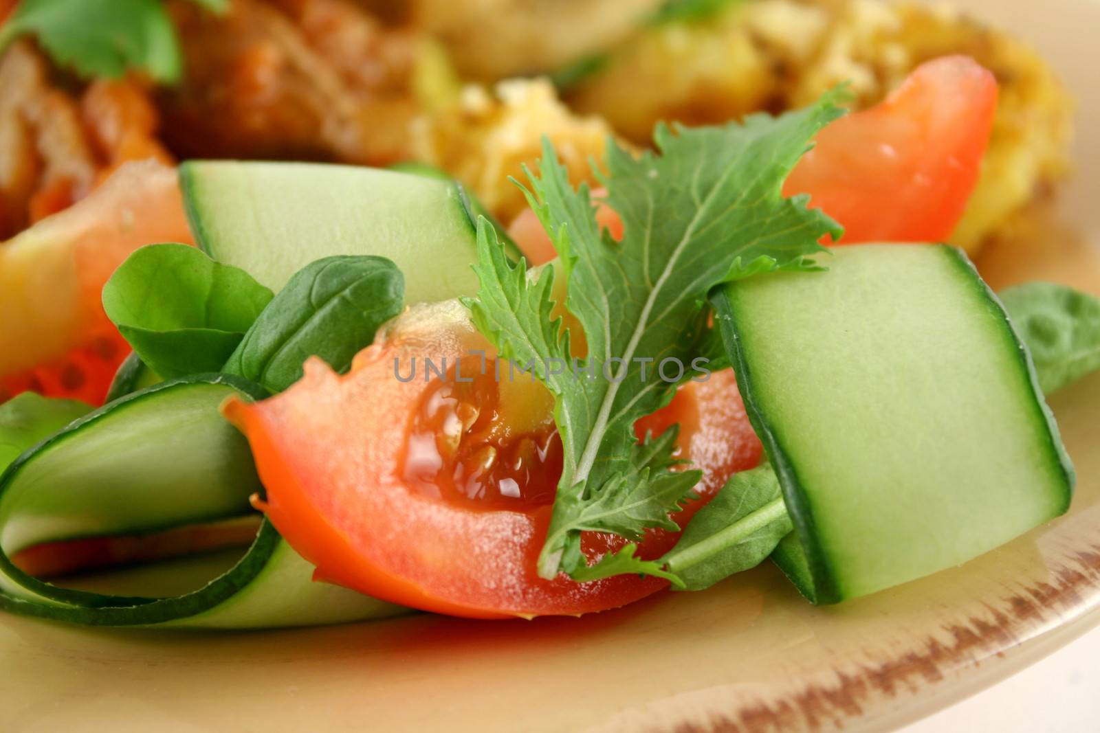 Small side salad of tomato, greens and shaved cucumber.