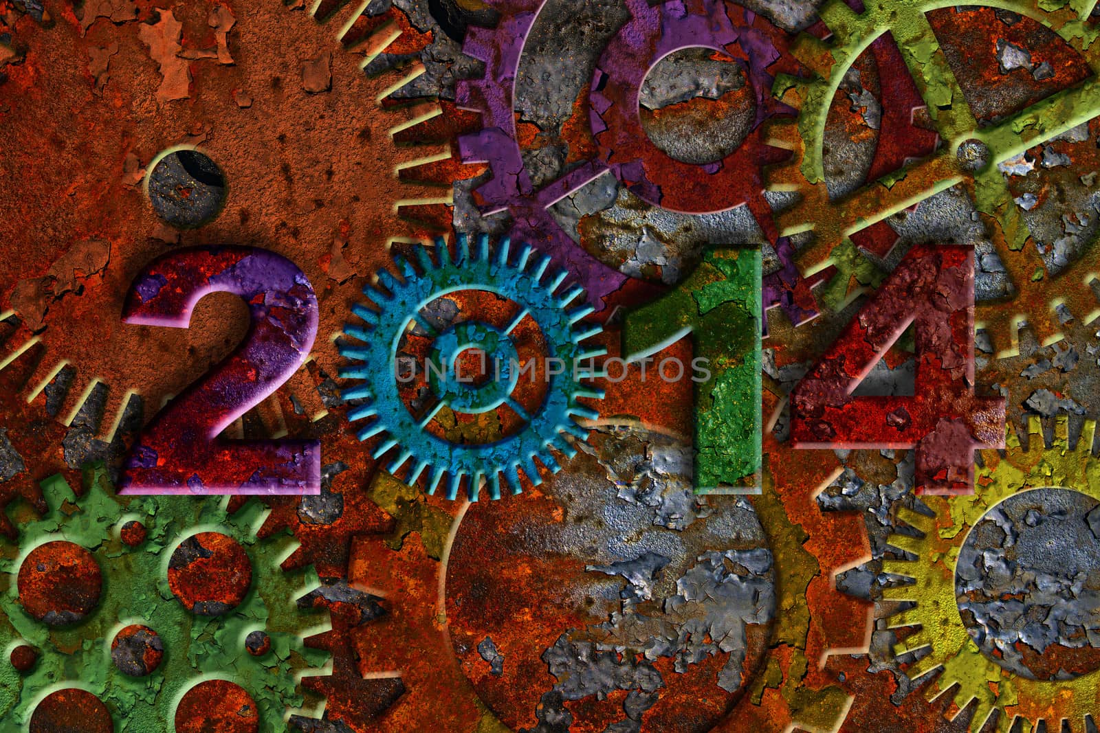 2014 Colorful Rusty Gears on Metal Grunge Texture Background