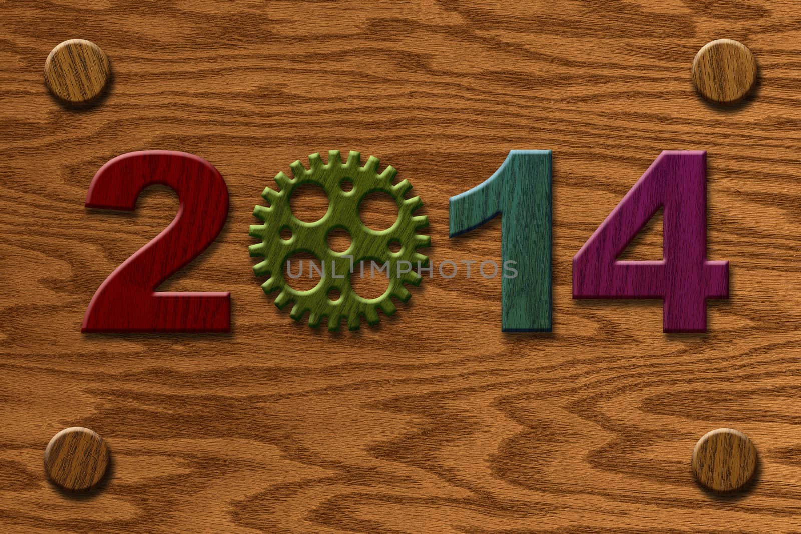2014 Colorful Wooden Gears on Wood Grain Texture Background