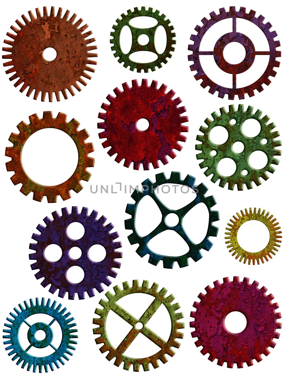 Rusty Mechanical Gears or Pulleys of Various Colors Shapes and Sizes Illustration Isolated on White Background