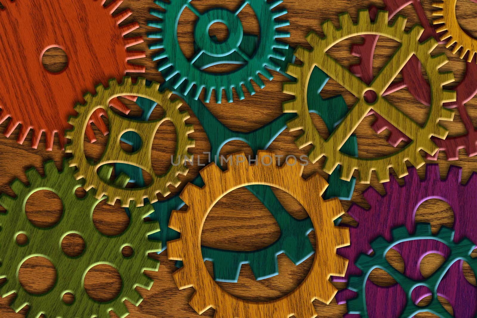 Colorful Wooden Gears on Wood Grain Texture Background