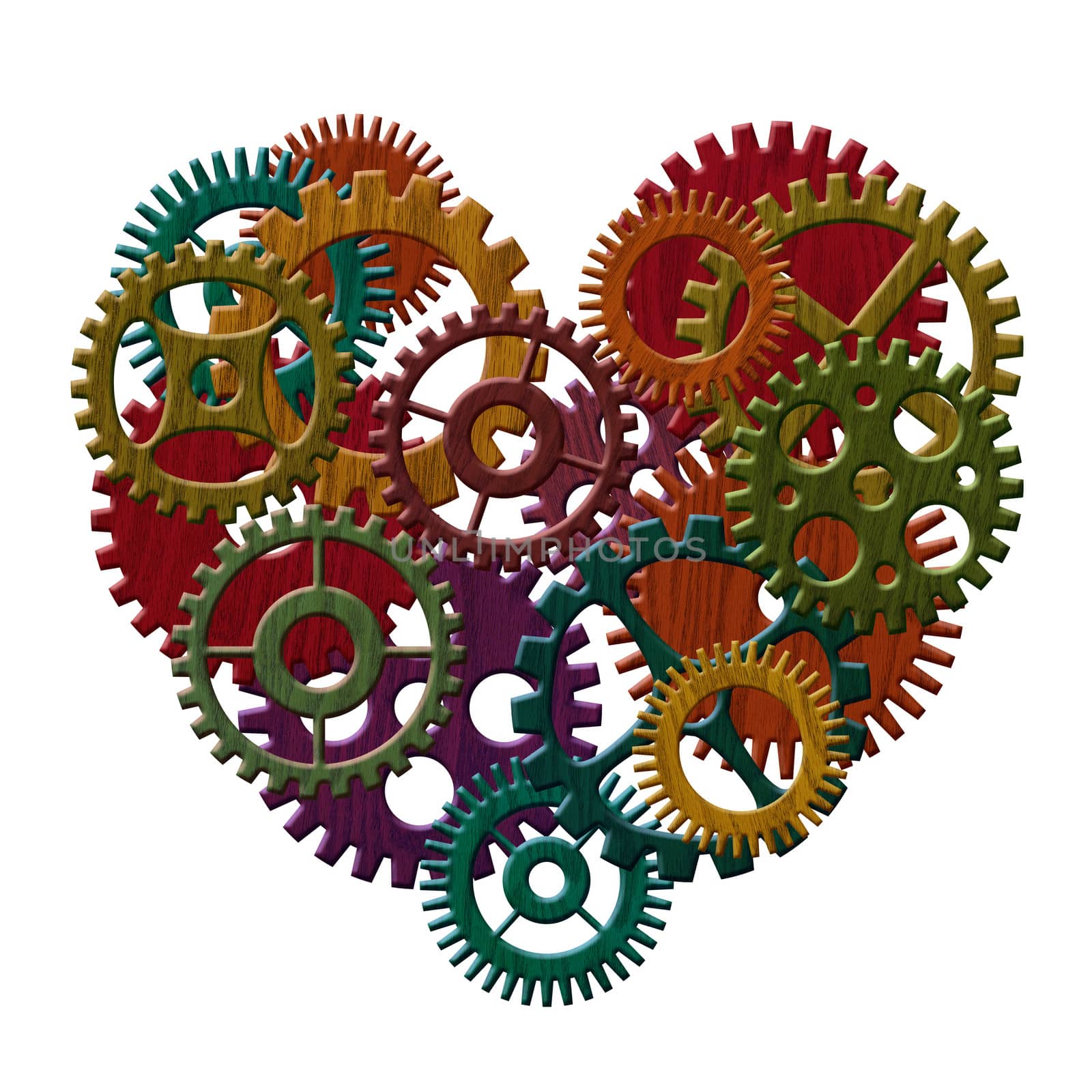 Color Stained Wooden Gears Forming Heart Shape Isolated on White Background Illustration