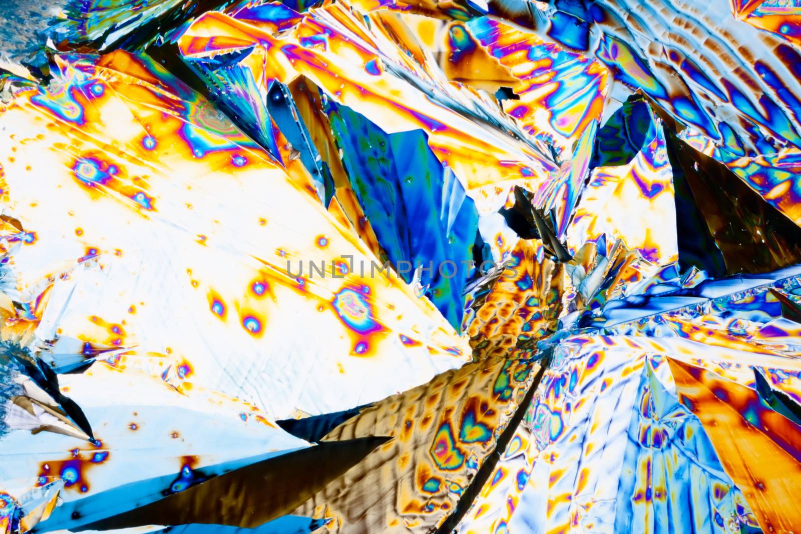 Colorful appearance of crystals of tartaric acid, one of many compounds found in grapes and wine, in polarized light.