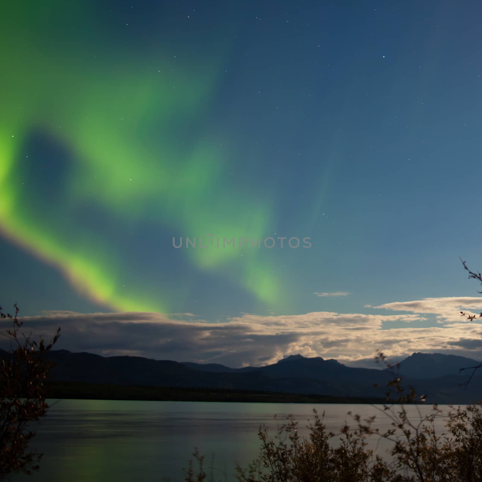 Aurora borealis moon-lit clouds over Lake Laberge by PiLens