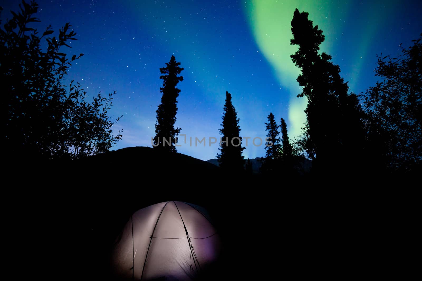 Taiga tent illuminated under northern lights flare by PiLens