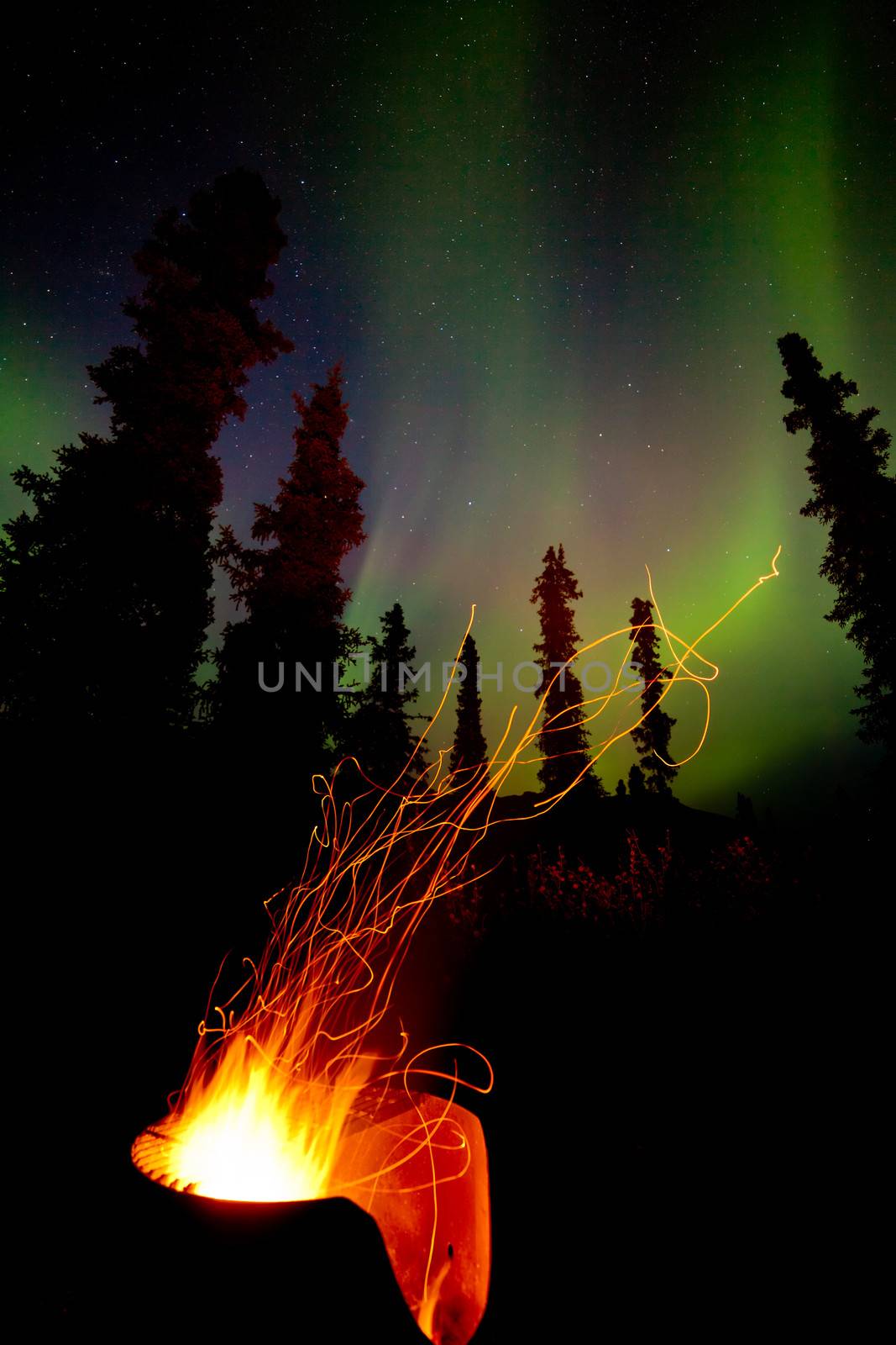Open campfire burning hot in cast iron fire pit with spark trails flying off into boreal forest taiga under northern lights, Aurora borealis