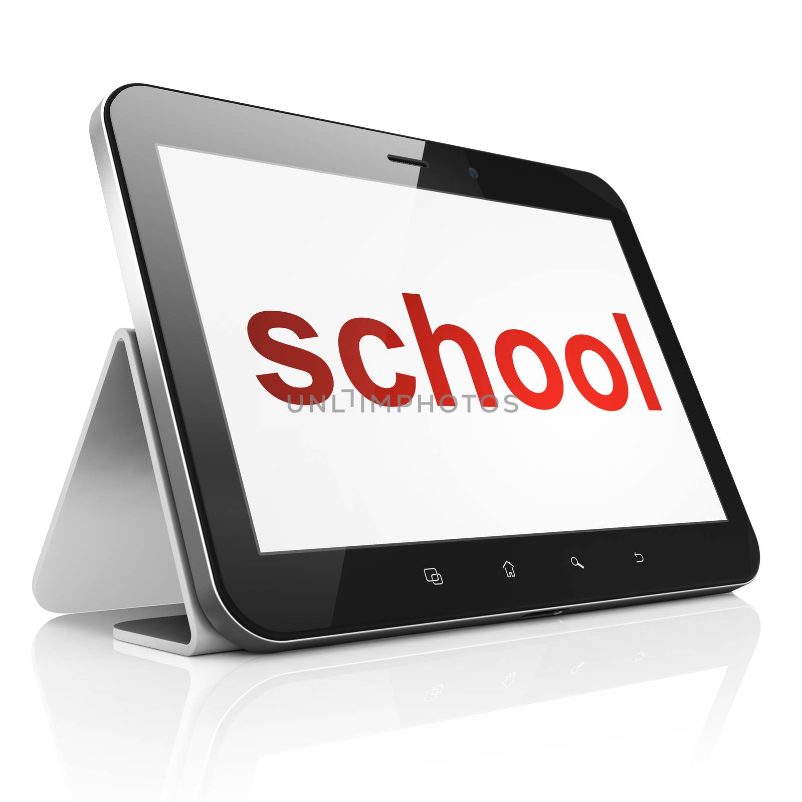 Education concept: black tablet pc computer with text School on display. Modern portable touch pad on White background, 3d render