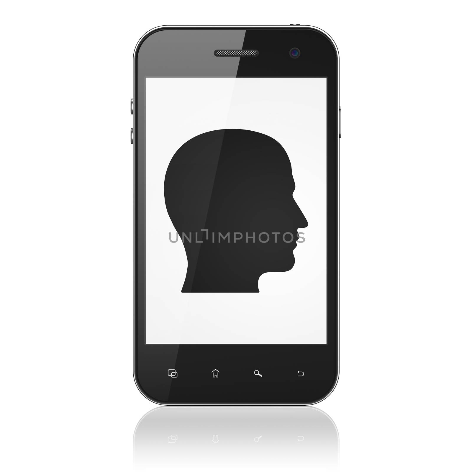 Marketing concept: smartphone with Head icon on display. Mobile smart phone on White background, cell phone 3d render