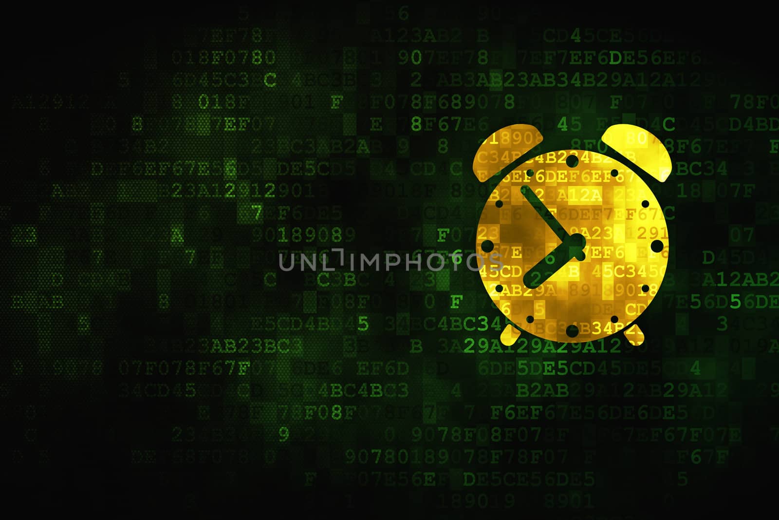 Time concept: pixelated Alarm Clock icon on digital background, empty copyspace for card, text, advertising, 3d render