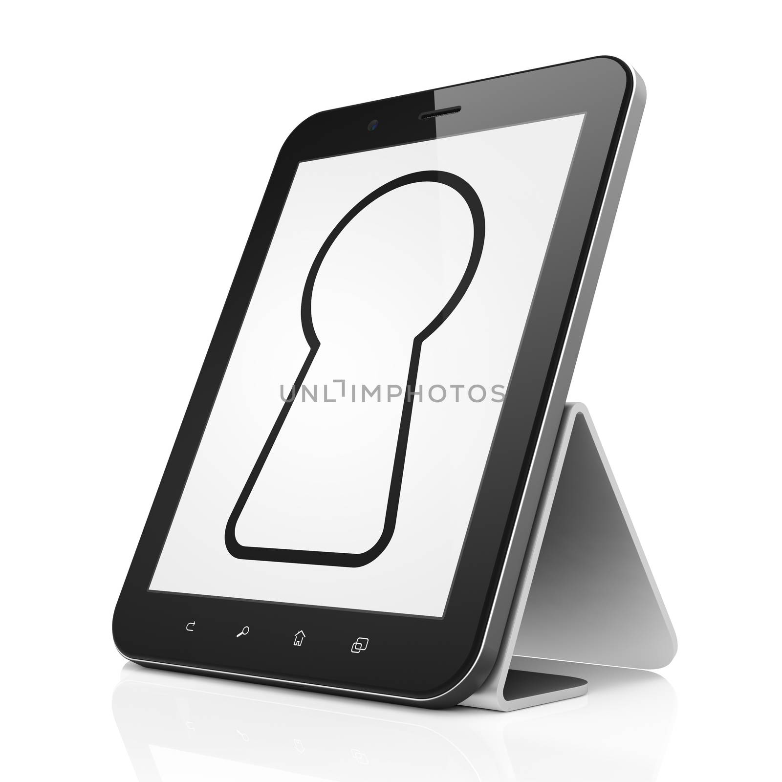 Data concept: black tablet pc computer with Keyhole icon on display. Modern portable touch pad on White background, 3d render