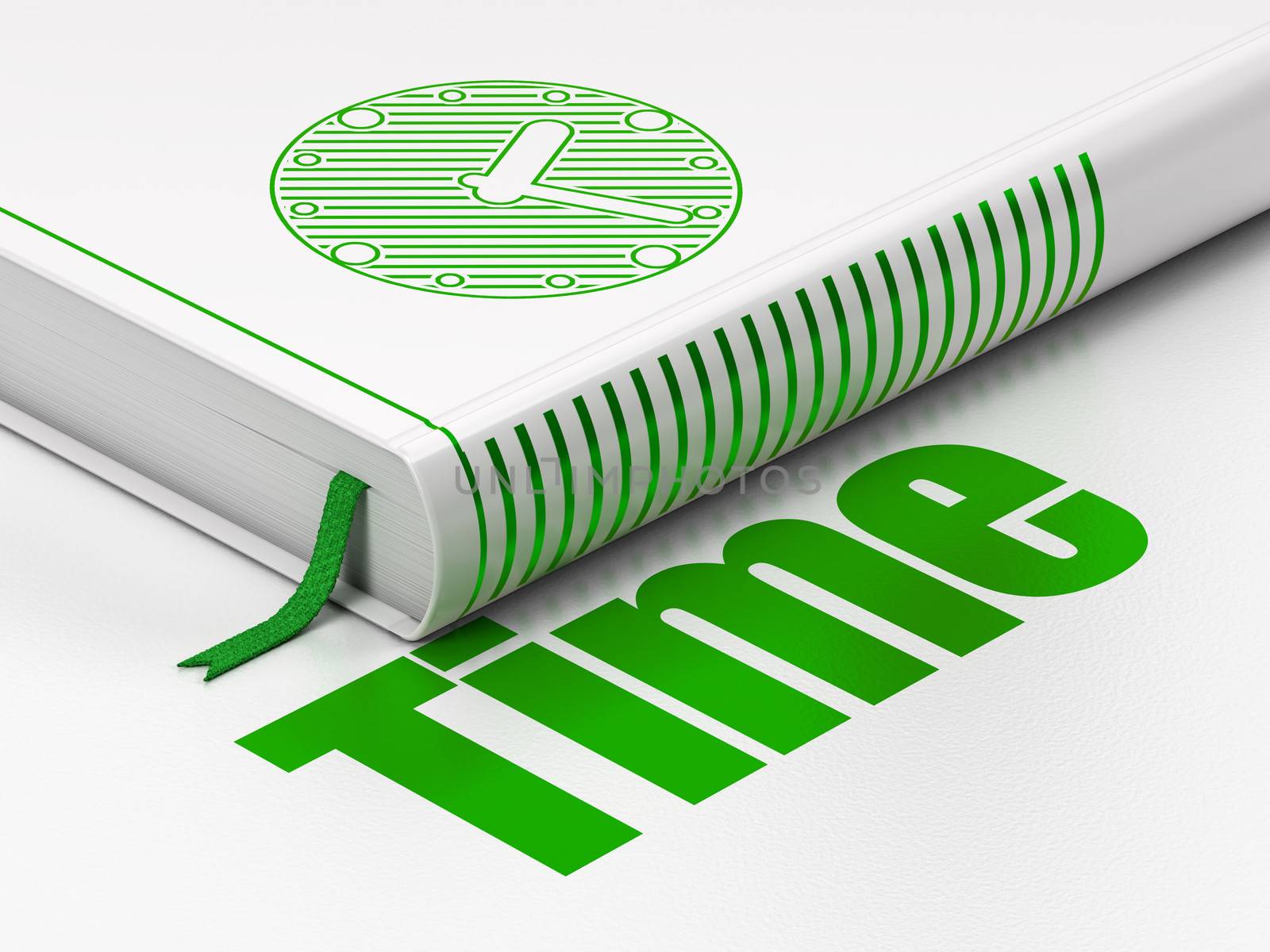 Time concept: closed book with Green Clock icon and text Time on floor, white background, 3d render