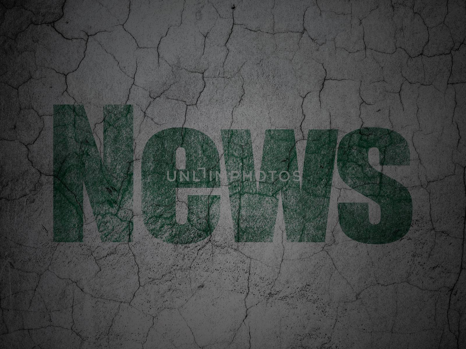 News concept: Green News on grunge textured concrete wall background, 3d render