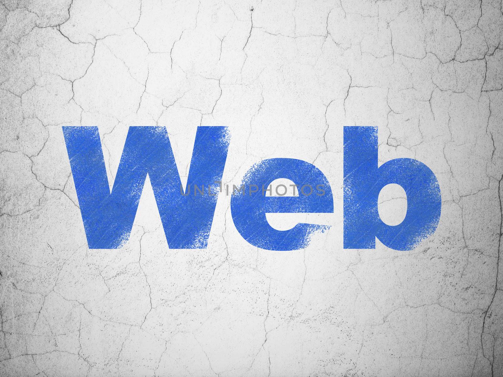 Web development concept: Blue Web on textured concrete wall background, 3d render