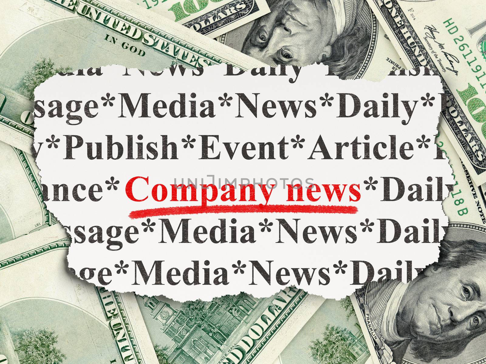 News concept: torn newspaper with words Company News on Money background, 3d render