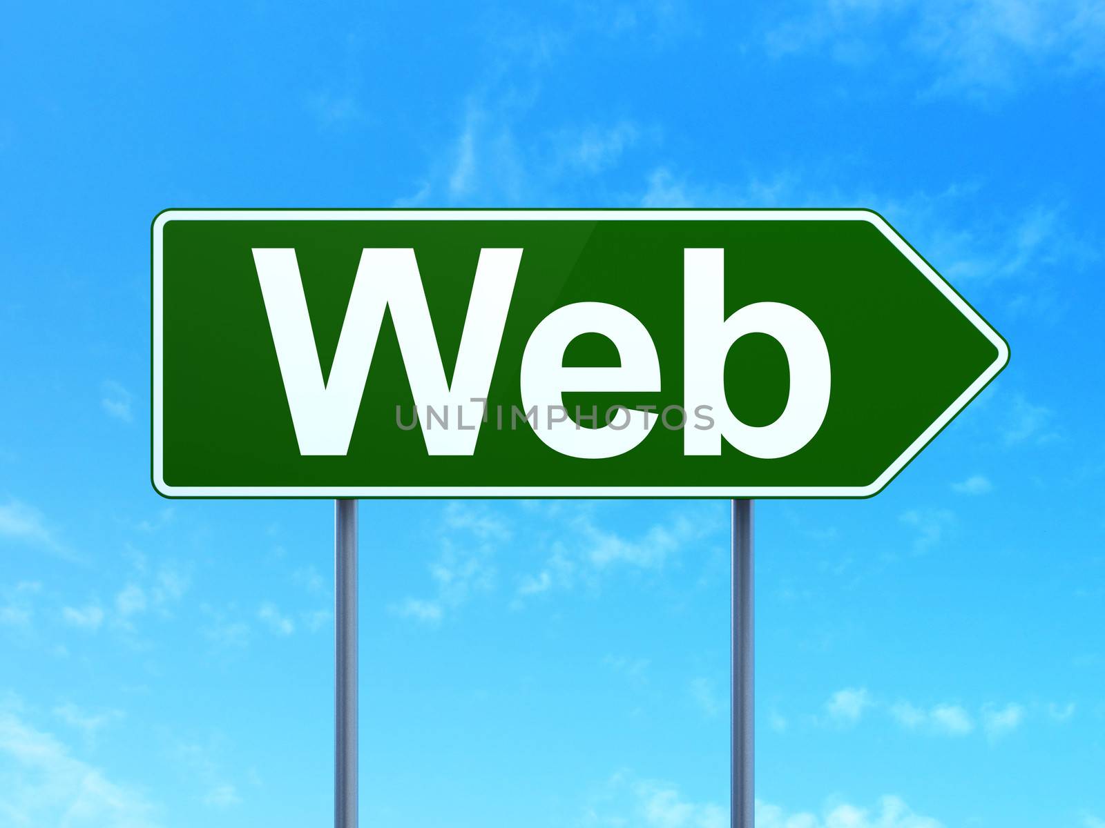 Web design concept: Web on green road (highway) sign, clear blue sky background, 3d render