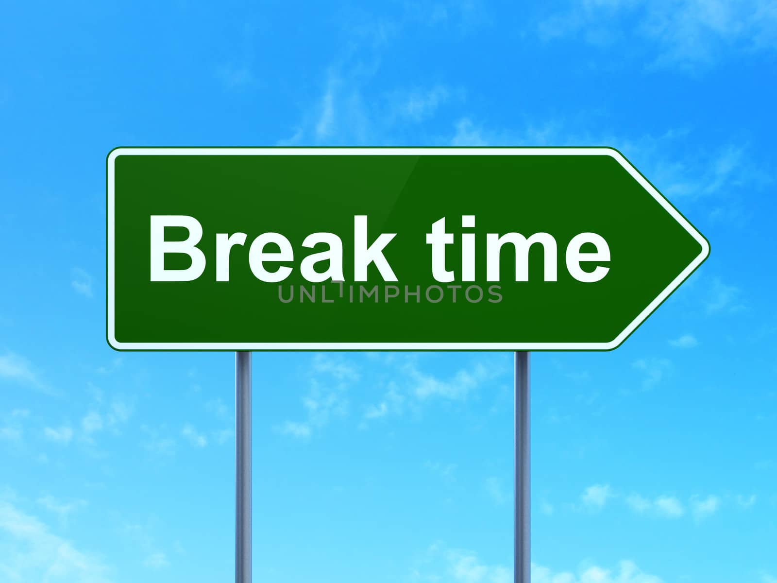 Time concept: Break Time on green road (highway) sign, clear blue sky background, 3d render