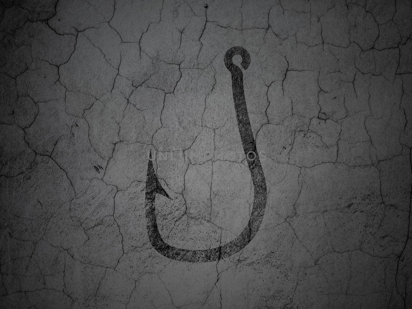 Protection concept: Black Fishing Hook on grunge textured concrete wall background, 3d render