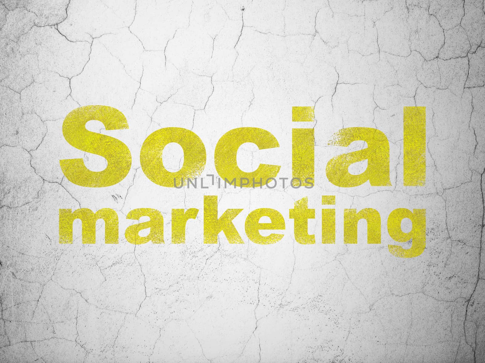 Marketing concept: Yellow Social Marketing on textured concrete wall background, 3d render