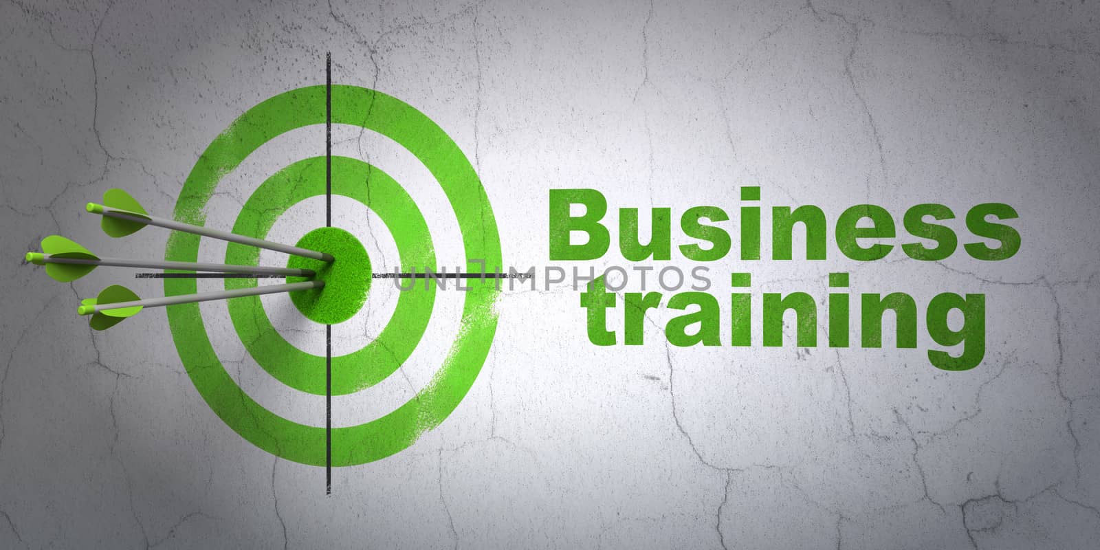 Success Education concept: arrows hitting the center of target, Green Business Training on wall background, 3d render
