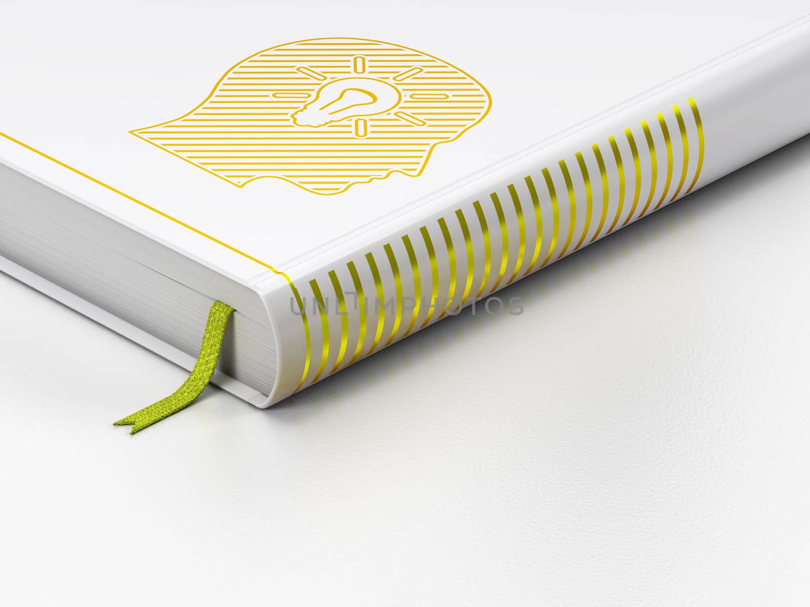 Education concept: closed book with Gold Head With Light Bulb icon on floor, white background, 3d render