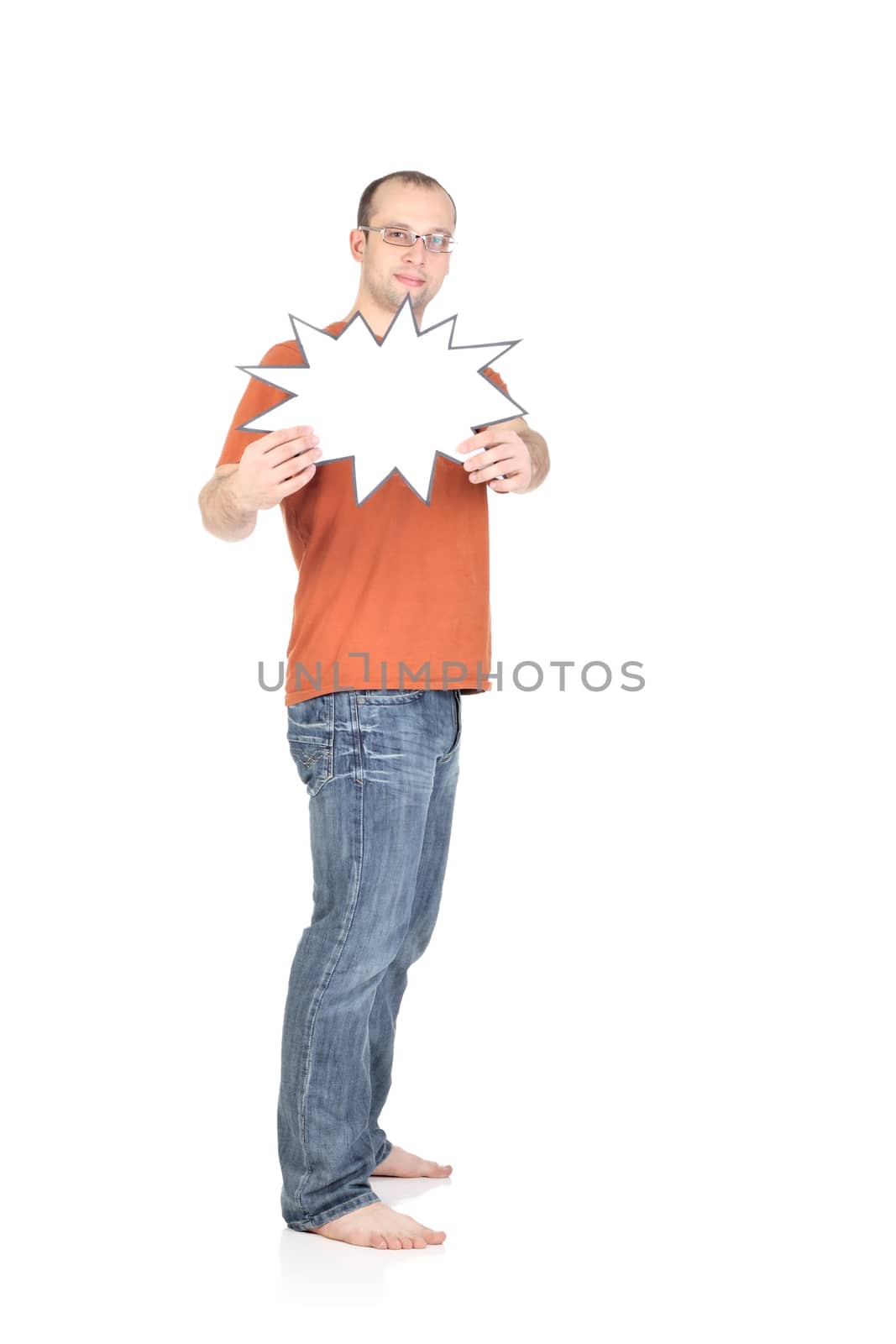 Young man holds a blank card isolated at the white background