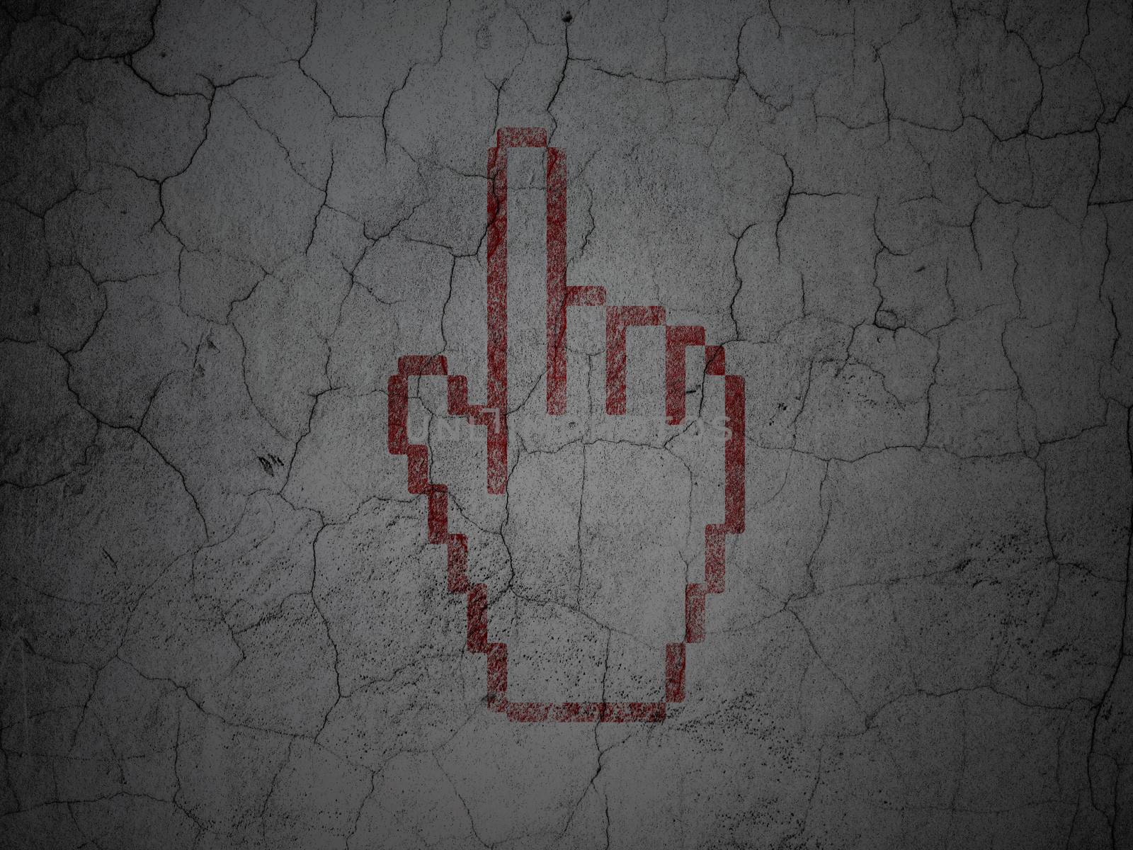 Advertising concept: Red Mouse Cursor on grunge textured concrete wall background, 3d render