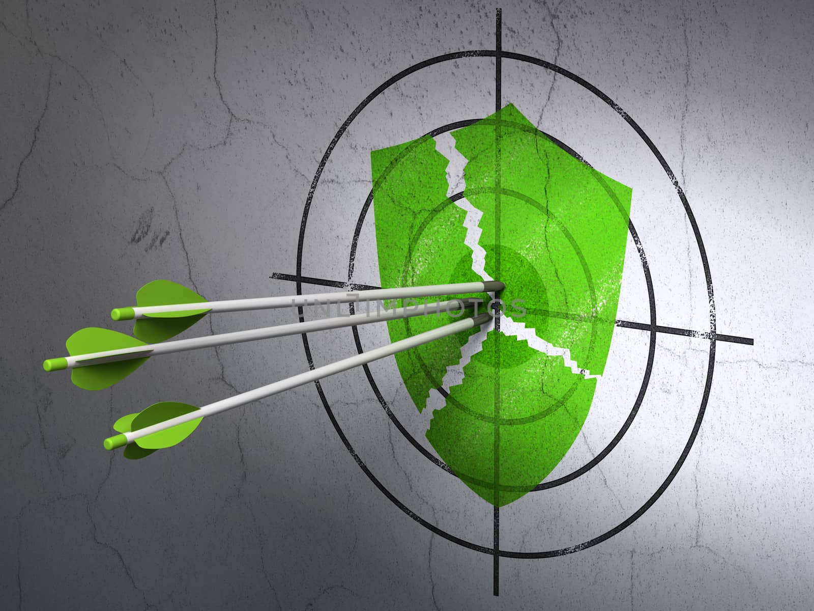Success safety concept: arrows hitting the center of Green Broken Shield target on wall background, 3d render