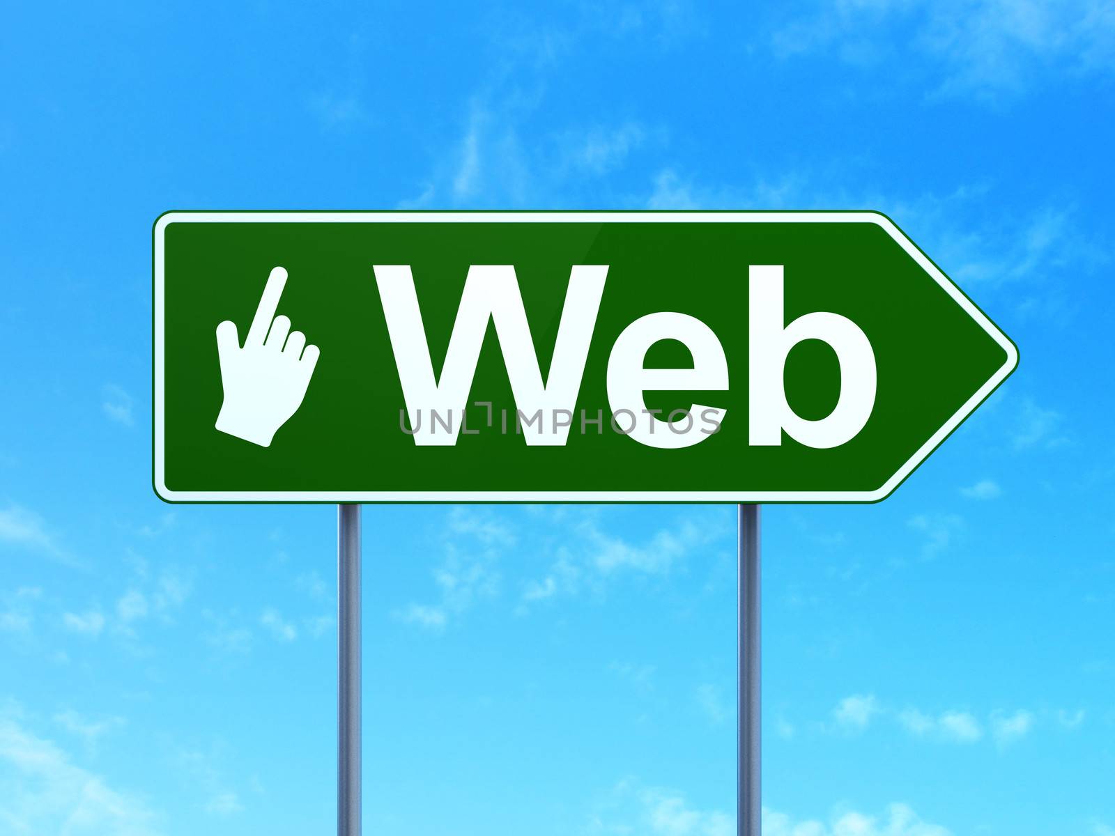 Web design concept: Web and Mouse Cursor icon on green road (highway) sign, clear blue sky background, 3d render