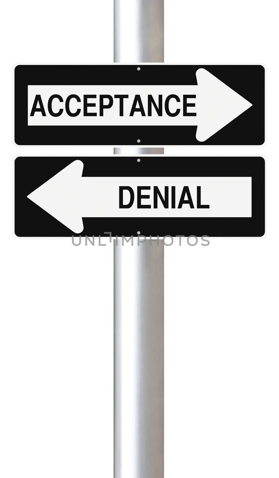 Modified one way street signs indicating acceptance and denial