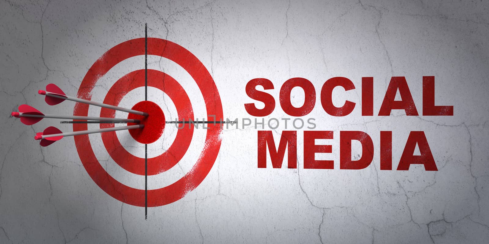 Success social network concept: arrows hitting the center of target, Red Social Media on wall background, 3d render