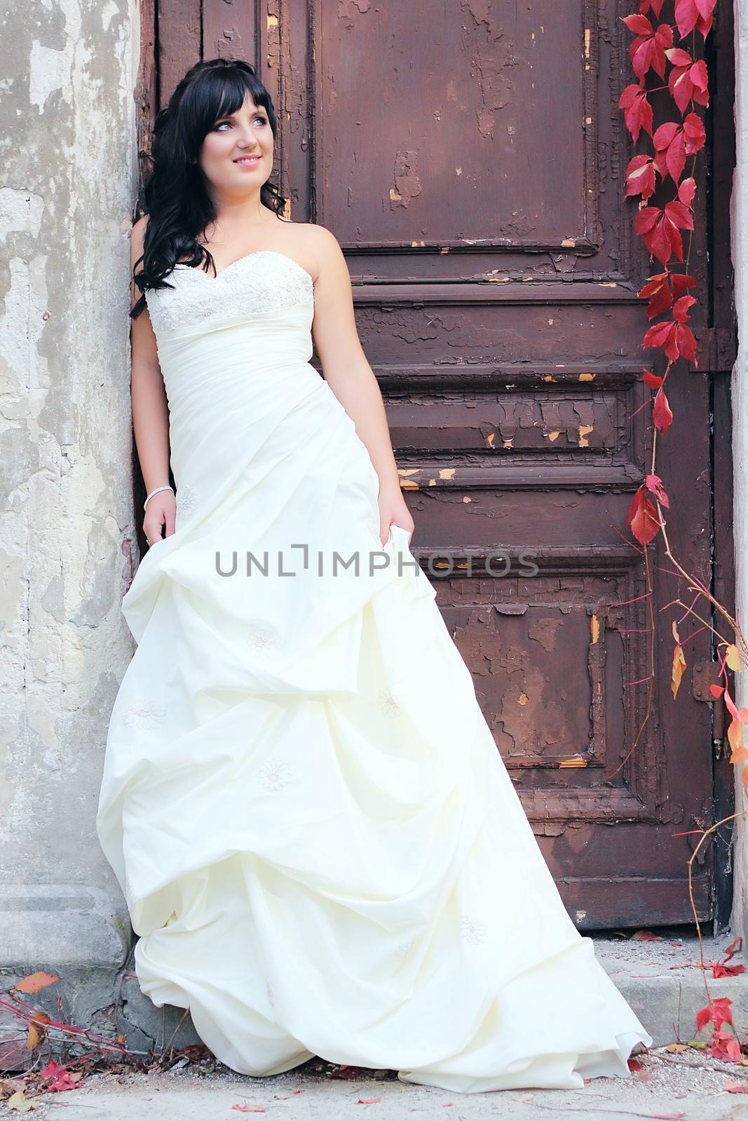 Young beautiful girl in the wedding dress near the door