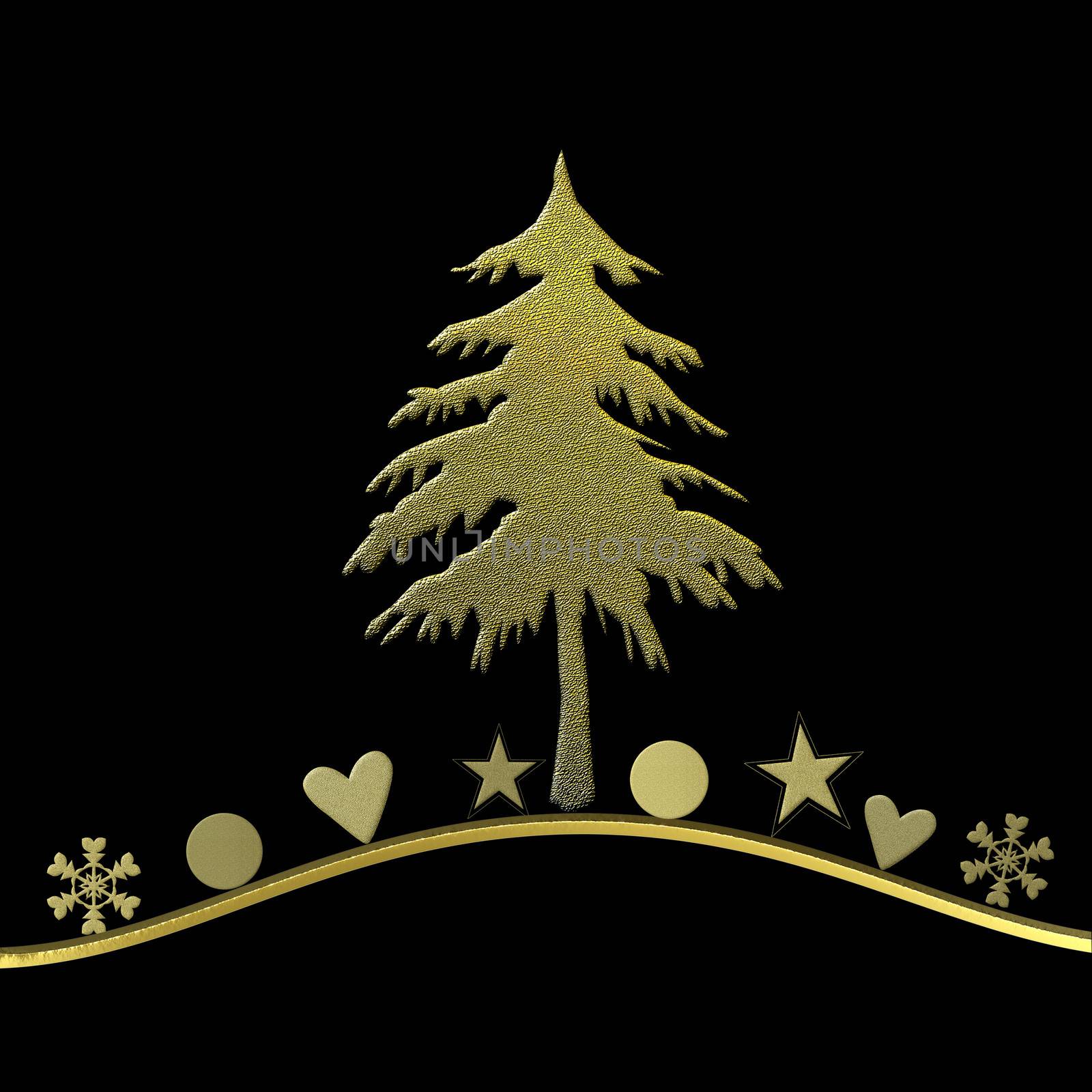 elegant Christmas card, fir and gold ornaments on black background with blank space for writing