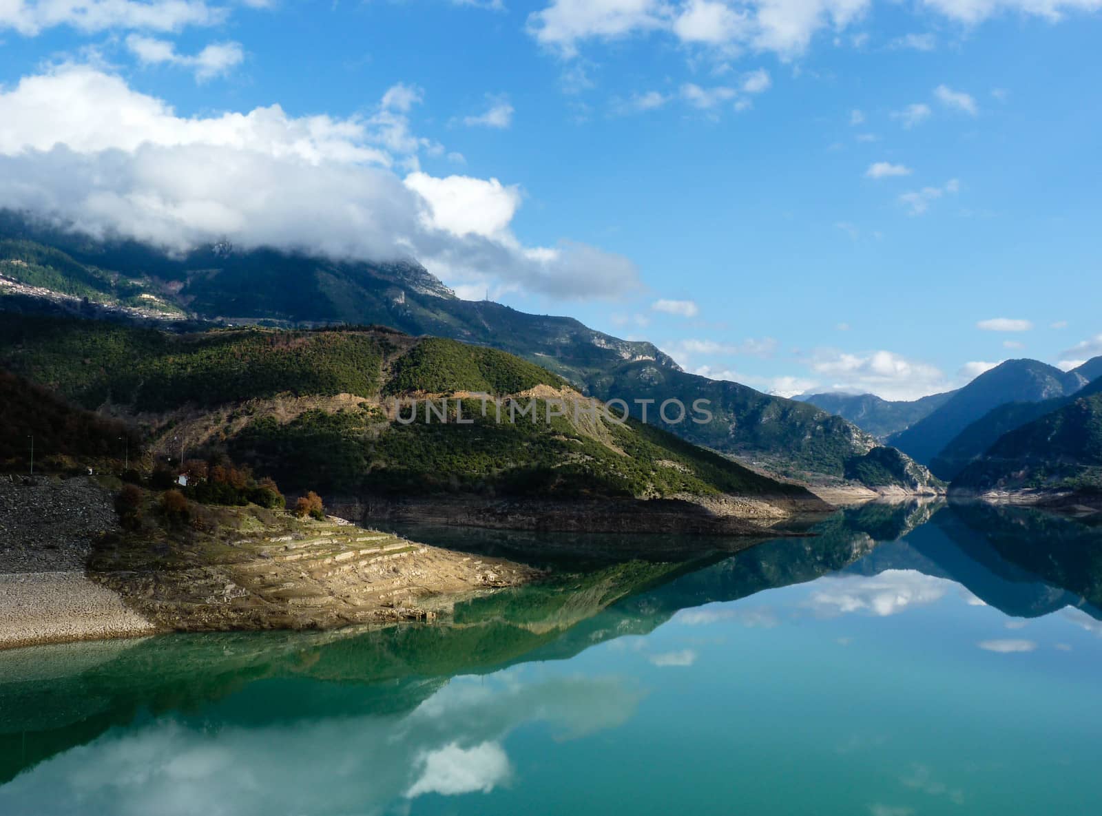 Evinos Lake with sky reflection, Greece