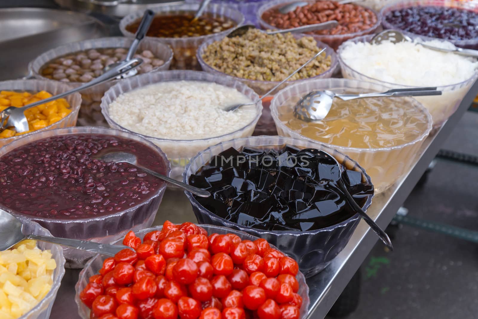 Toppings for Taiwanese shaved ice dessert at a vendor