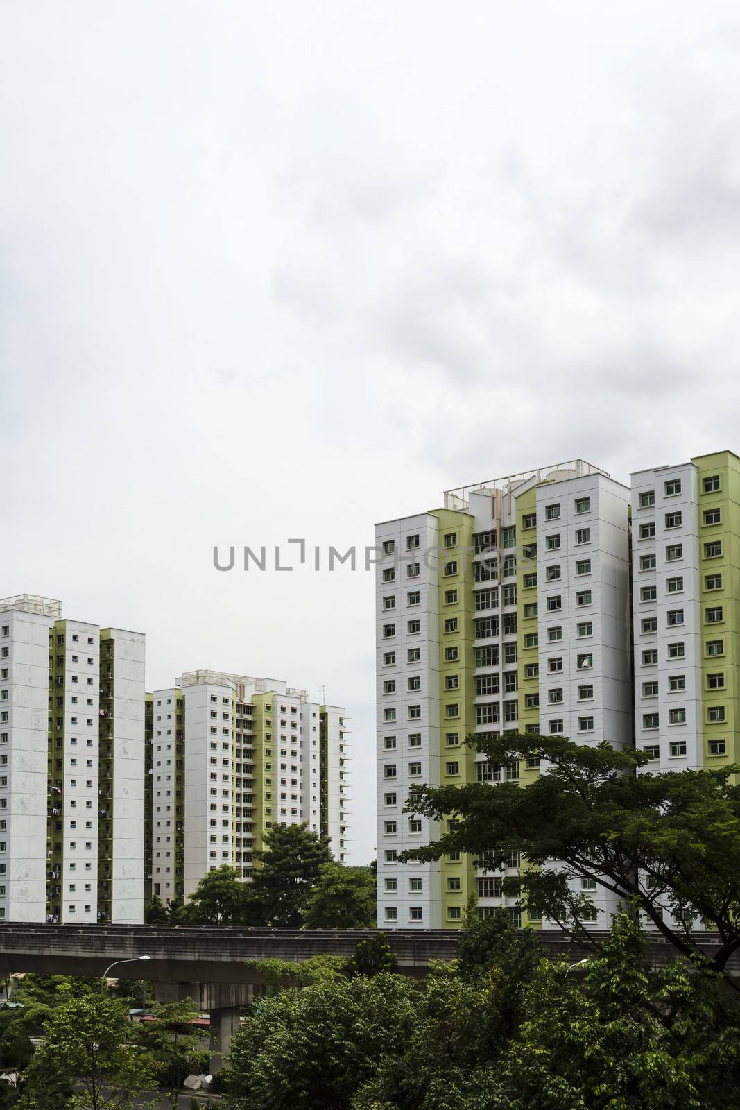 A sky train track system in a modern neighborhood. 