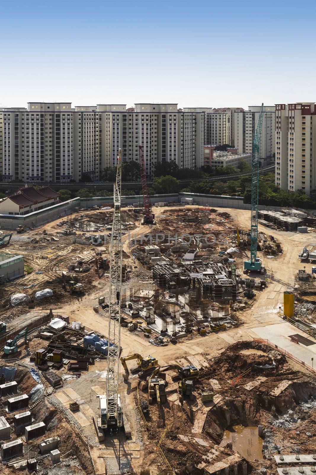 High angle shot of a construction site with housing development. 