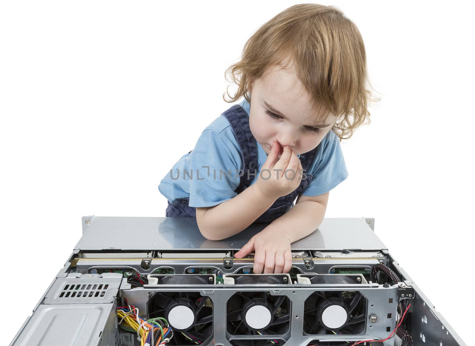 cute child with open network server. studio shot in light grey background