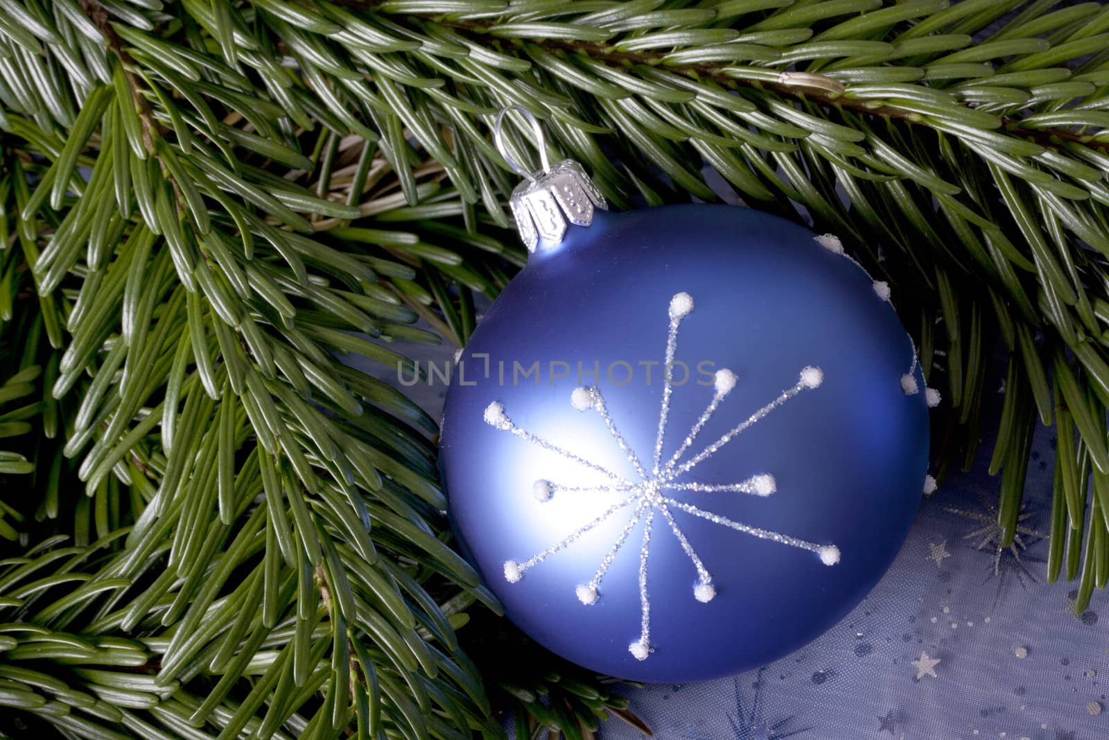 christmas, blue christmas ball with pattern and pine branch 
