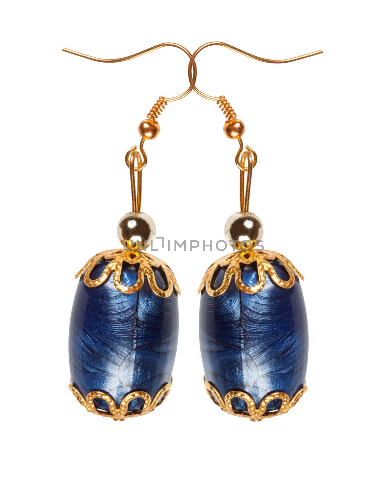 Blue plastic pearl earrings with gold elements on a white background. Collage