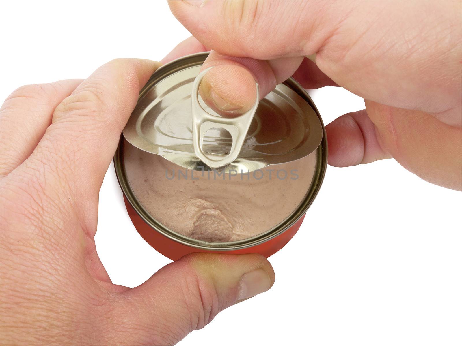 hands opening tin of canned food, studio shot, isolated on white